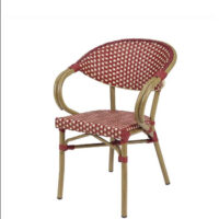 Sillón Indonesia con estructura color bambú y acabado trenzado en rojo-crema