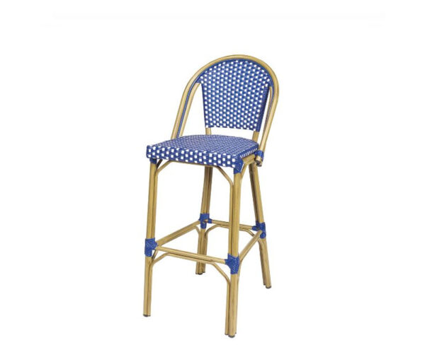 Taburete Toulouse con estructura deco bambú y asiento y respaldo trenzado azul-blanco