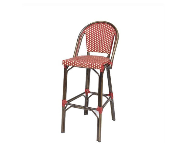 Taburete Toulouse con estructura deco nogal y asiento y respaldo trenzado rojo-crema