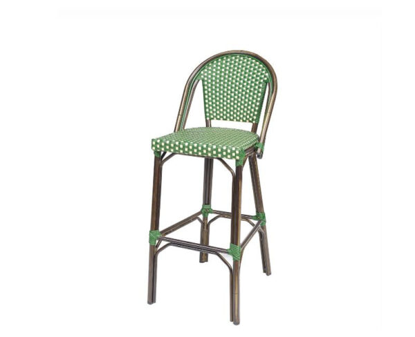 Taburete Toulouse con estructura deco nogal y asiento y respaldo trenzado verde-crema