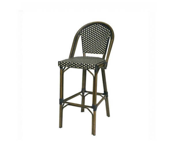 Taburete Toulouse con estructura deco nogal y asiento y respaldo trenzado negro-crema