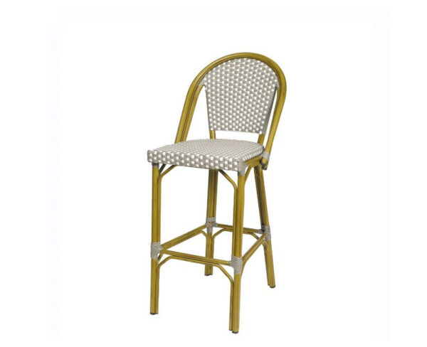 Taburete Toulouse con estructura deco bambú y asiento y respaldo trenzado gris-blanco