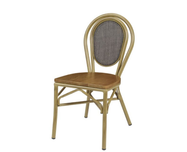 Silla Rambla estructura deco bambú, respaldo textilene negro y asiento madera maciza