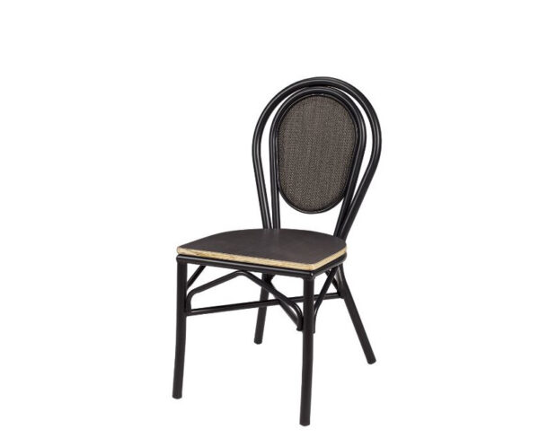 Silla Rambla estructura negra, respaldo textilene negro y asiento laminado ebony