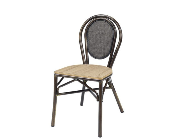 Silla Rambla estructura deco nogal, respaldo textilene negro y asiento laminado roble vintage