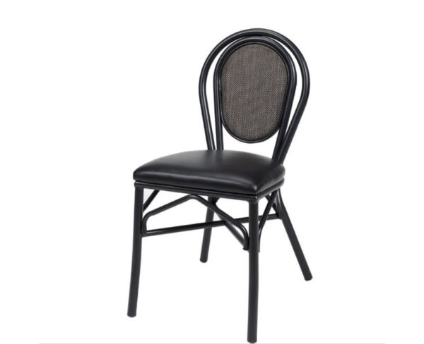 Silla Rambla estructura negra, respaldo textilene negro y asiento P.U negro